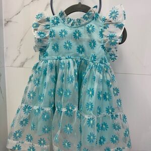 Pink Chicken Blue flower dress + bloomers + bow